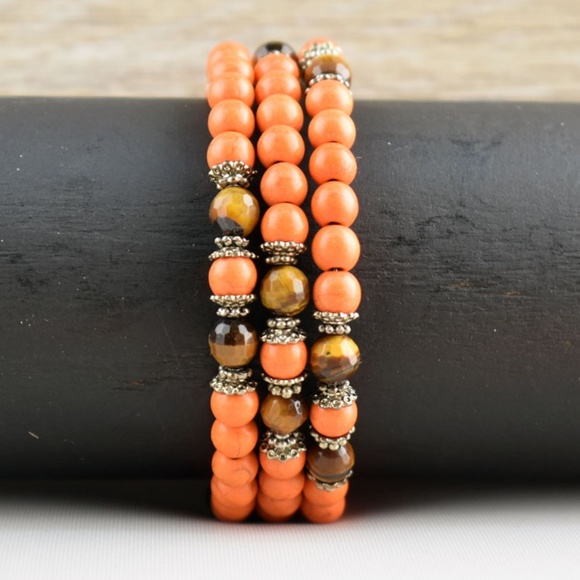 Orange Turquoise & Tiger Eye Double Cross 3PC Set - Picture 7 of 8